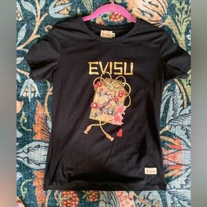 Evisu Black Tee with Gold and Red Oma morí Japanese Design